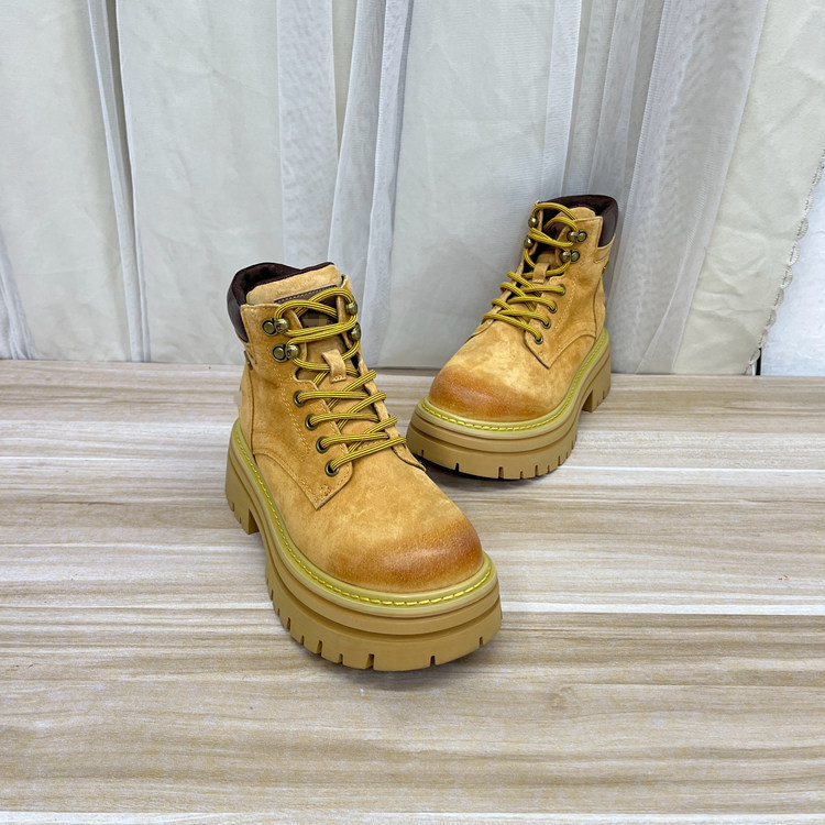 外贸原单女靴真皮新款圆头纯色系带厚底登山短靴户外百搭大黄靴
