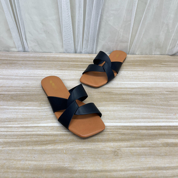 外贸原单女鞋新款方头平底时尚简约日常舒适休闲外穿一字凉拖鞋