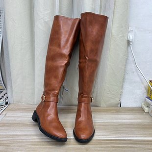 外贸原单粗跟皮带扣长靴简约时尚 侧拉链舒适百搭日常外穿靴子 新款