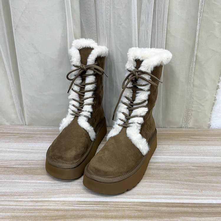 圆头厚底毛绒系带雪地靴马丁靴