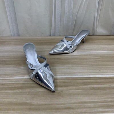 尖头纯色细跟外穿法式包头半拖鞋