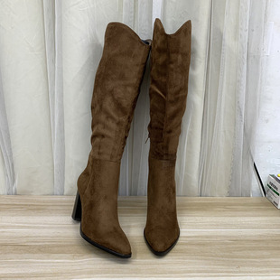 外贸原单女鞋新款尖头粗跟高筒绒面侧拉链时尚百搭舒适V口长筒靴