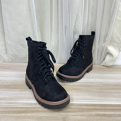 圆头纯色厚底粗跟系带侧拉链短靴