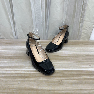 外贸原单圆头浅口粗跟单鞋简约时尚新款一字扣带气质女款高跟皮鞋