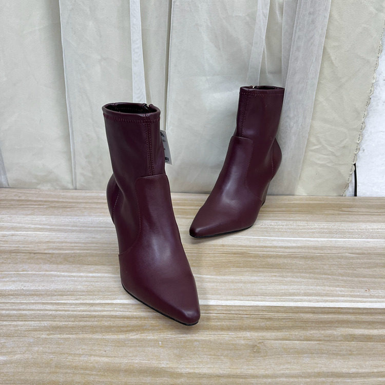 尖头纯色侧拉链粗高跟短靴瘦瘦靴