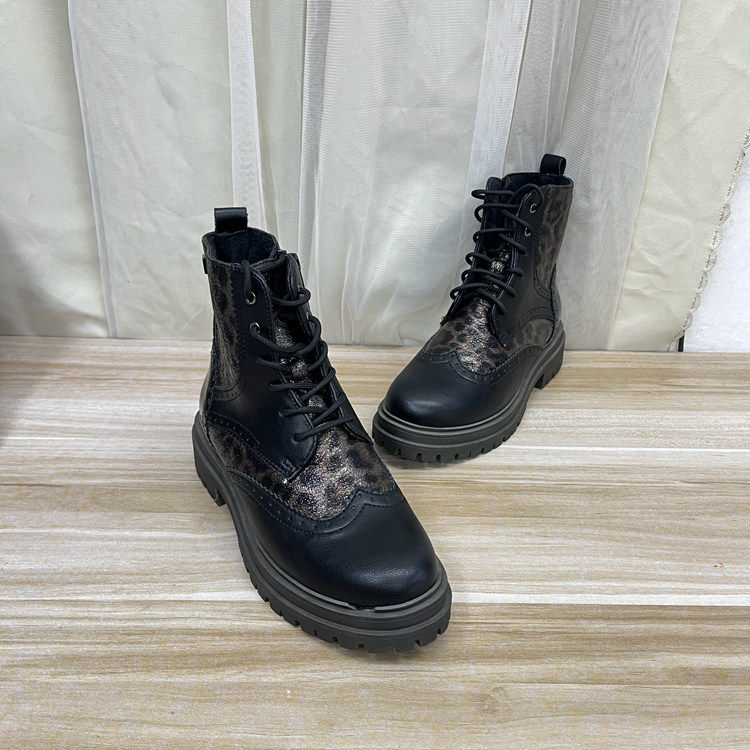 外贸原单女靴新款时尚百搭圆头拼接粗跟厚底系带侧拉链短靴马丁靴