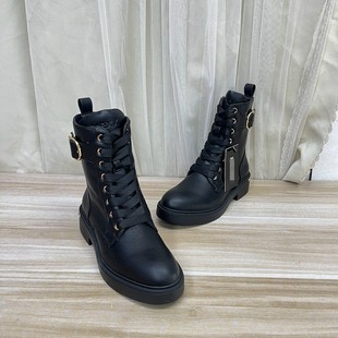 Lady Shoes外贸原单圆头厚底粗跟系带短靴加绒保暖马丁靴休闲百搭