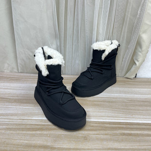 保暖圆头纯色系带厚底毛毛短靴 时尚 Lady Shoes外贸原单女靴新款