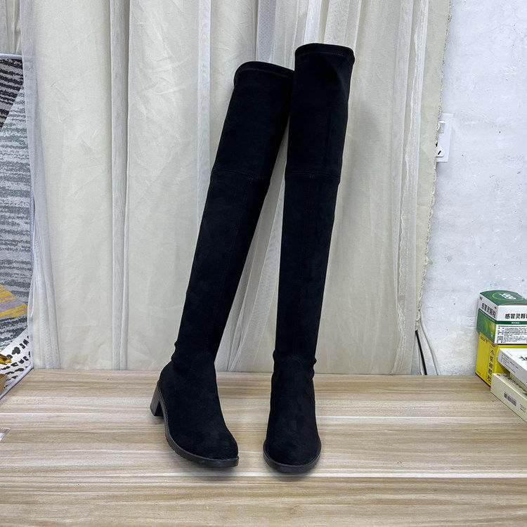 外贸原单时尚洋气绒面圆头粗跟中跟后系带长筒过膝长靴女鞋瘦瘦靴
