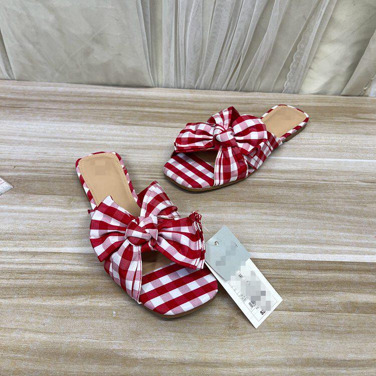 方头条纹蝴蝶结平底时装拖鞋凉鞋