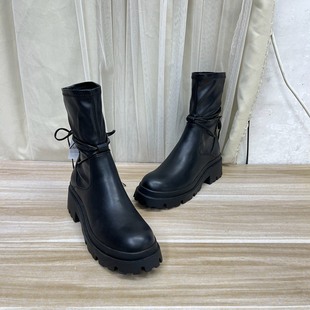 加薄绒短靴 新款 Lady Shoes外贸原单圆头厚底粗跟瘦瘦靴简约时尚