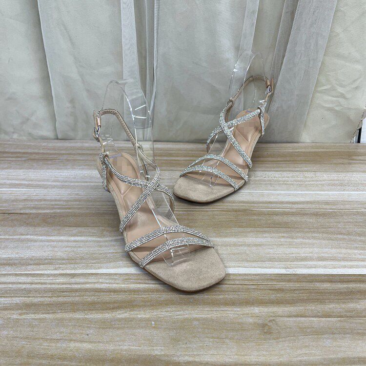 Lady Shoes 外贸原单女鞋时尚方头纯色带钻细高跟一字扣时装凉鞋