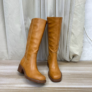 外贸原单圆头粗跟长靴简约时尚 侧拉链舒适百搭日常外穿女靴子 新款