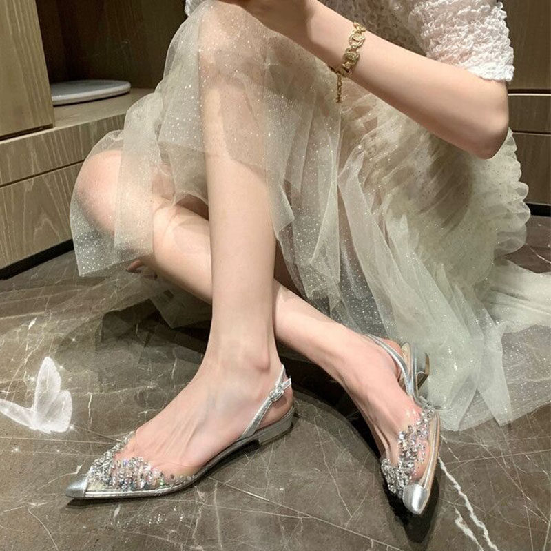 2024春夏季新款透明水钻尖头低跟凉鞋仙女风小众包头水钻平底鞋女