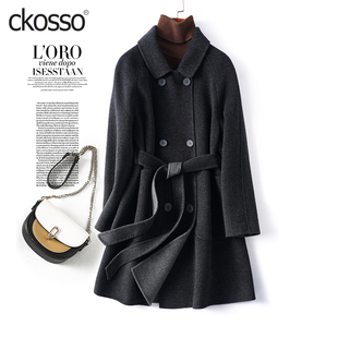 毛呢外套女中长款翻领双排扣韩版小个子妮子秋冬新款双面羊毛大衣