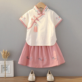 棉麻中国风古装 汉服女童套装 短袖 夏装 超仙儿童宝宝演出 裙2023新款