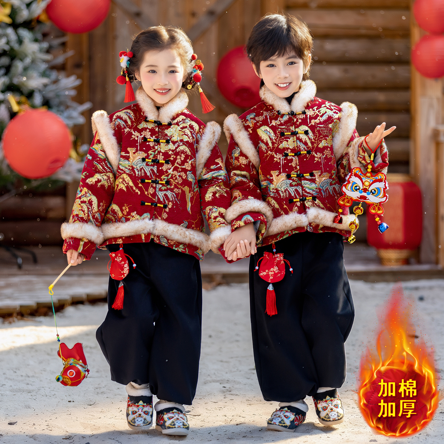 拜年服男童加棉加厚套装女童新年衣服冬季儿童国风唐装冬季兄妹装