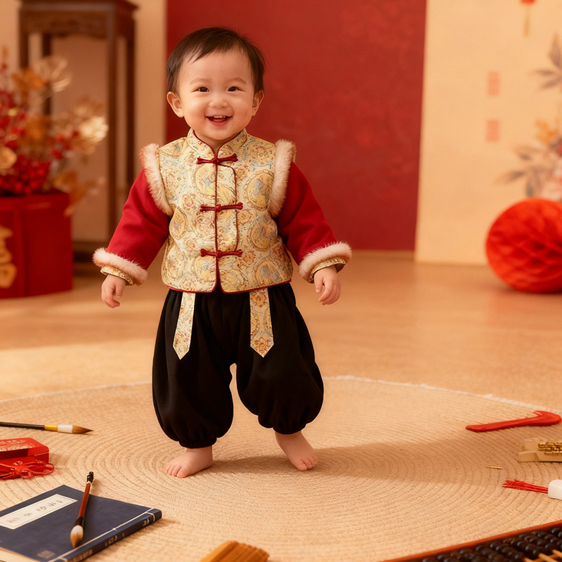 周岁男宝礼服冬拜年服男童新中式唐装过年喜庆儿童生日抓周宴衣服
