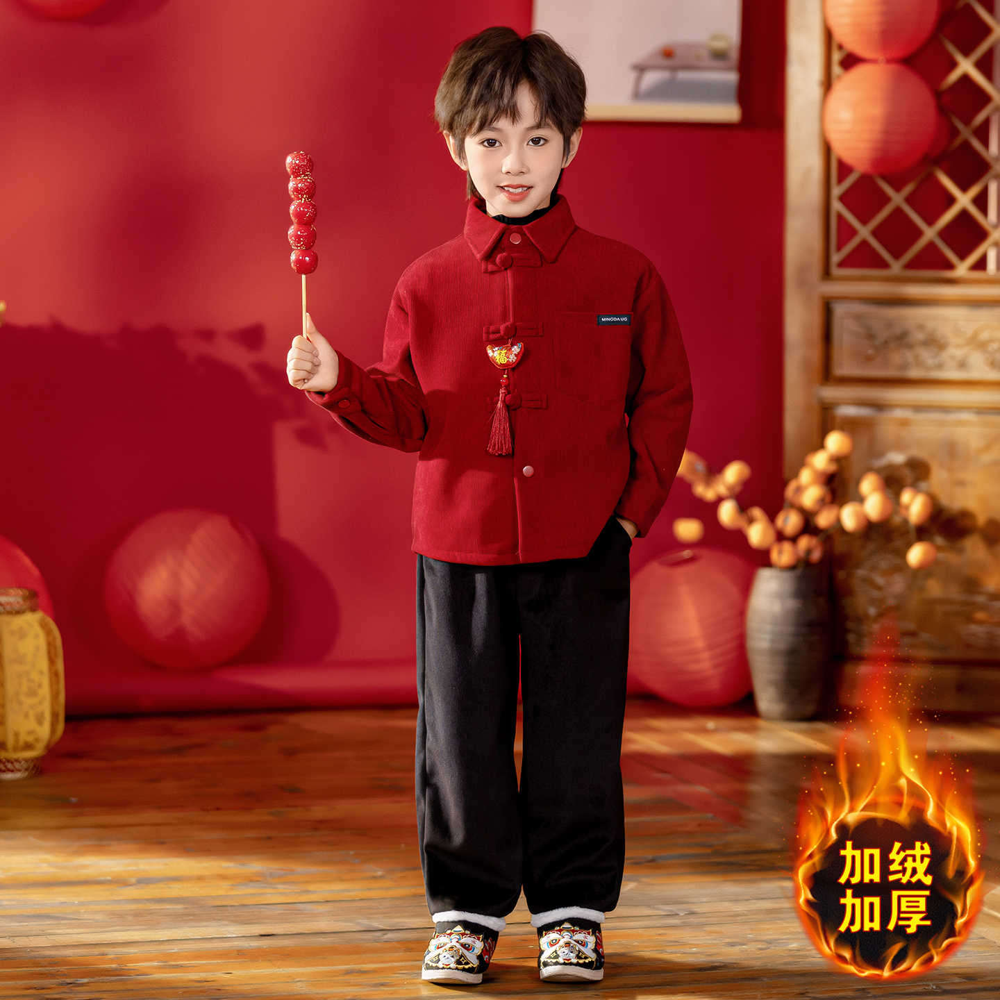 拜年服男童加绒衬衫新中式儿童唐装宝宝秋冬红色喜庆新年衣服套装