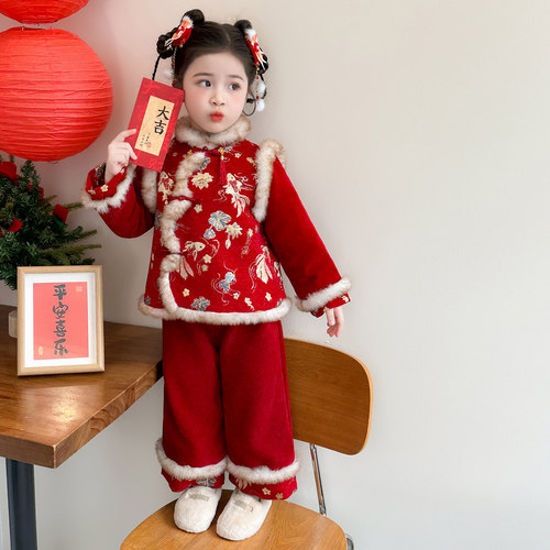 拜年服女童过年喜庆宝宝装儿童红色新年装冬加厚儿童汉服国风套装