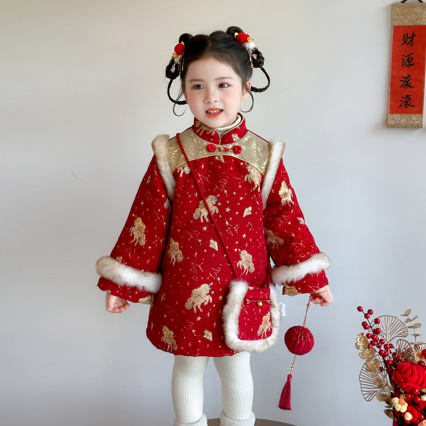 女童旗袍加棉公主裙儿童拜年服红色喜庆女宝宝国风唐装冬季新年装