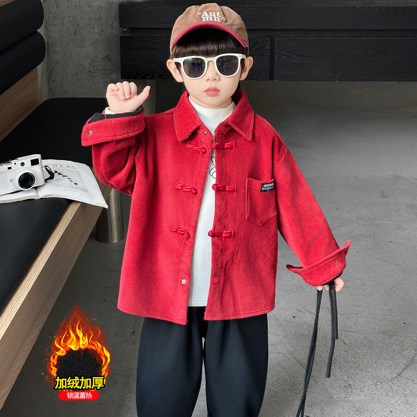 拜年服男童新中式一体绒衬衫儿童新年衣服男孩宝宝红色喜庆外套潮