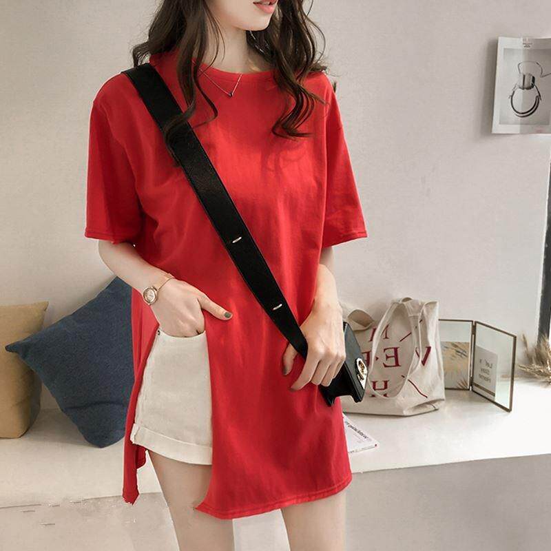 2018 summer Korean Edition Large Fat sister Show thin Short sleeved T-shirt jacket Mid length version Split ends half sleeve Base coatin the Women's clothing/Boutique , T-shirt  category - from Buy2taobao.com to provide professional Taobao agent buy service