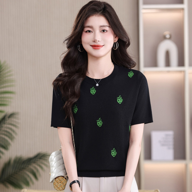 声雨竹清仓折扣26新款夏季桑蚕丝短袖T恤女高端真丝草莓时尚上衣