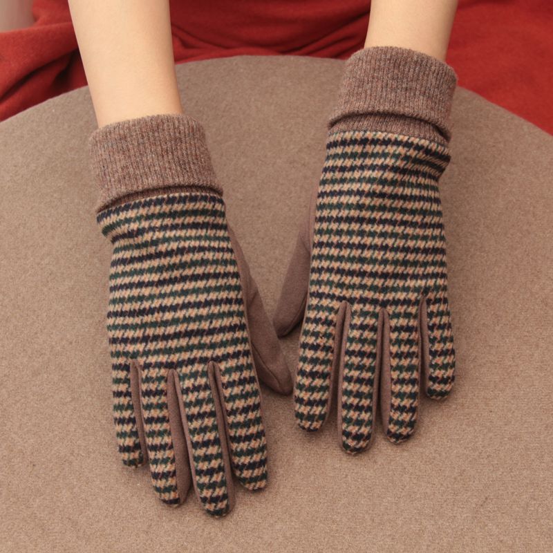 冬季加绒保暖千鸟格骑车分指手套