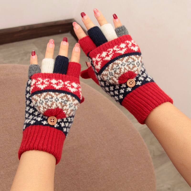 韩版冬季女加绒加厚手套羊毛针织保暖翻盖半指露指中学生写字手套