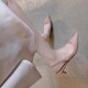 气质漆皮性感一字带细跟包头凉鞋 女裸色法式 尖头高跟鞋 周子然同款