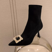 高跟瘦瘦靴女2025秋冬新款 尖头加绒水钻弹力袜靴法式 绒面细跟短靴