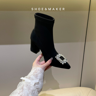 法式水钻方扣小短靴女中跟绒面黑色百搭显瘦高级感高跟弹力瘦瘦靴