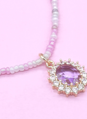 原创不掉色成人儿童亲子项链米珠儿童项链浅紫色椭圆宝石水晶项链