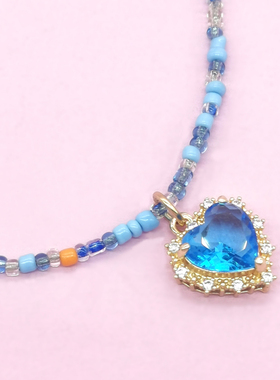 原创不掉色成人儿童亲子项链儿童项链米珠海蓝色爱心宝石水晶项链