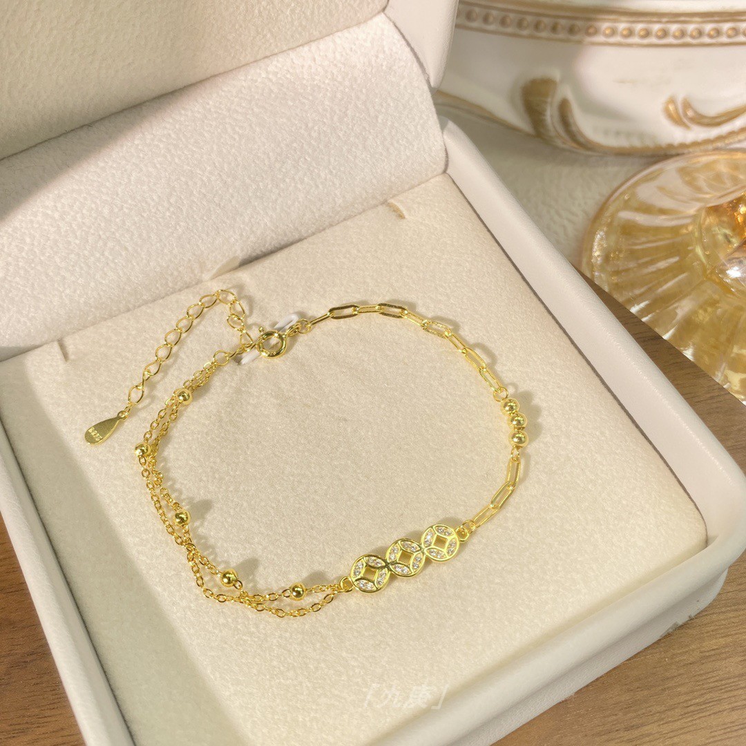 多财手链女2025新款三铜钱S925纯银轻奢闺蜜礼叠戴显白时尚链条