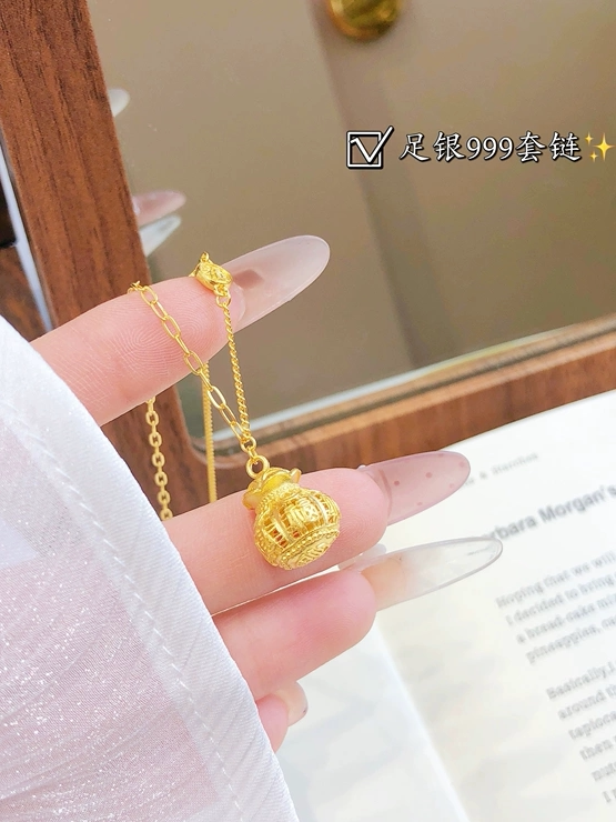 足银999五福福袋吊坠钱袋项链寓意代代有福有钱时尚精品套链