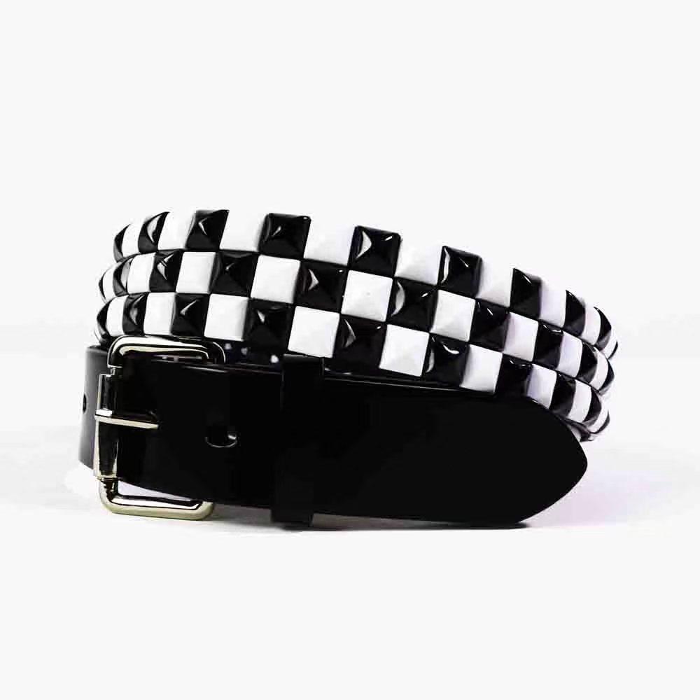 棋盘格黑白拼色哥特暗黑y2k千禧辣妹风真皮铆钉腰带宽度3.8cm