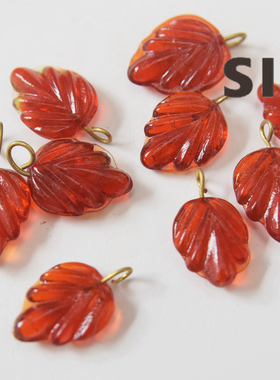 进口红色琉璃叶子复古风植物花卉小吊坠耳饰配件手工diy【红】