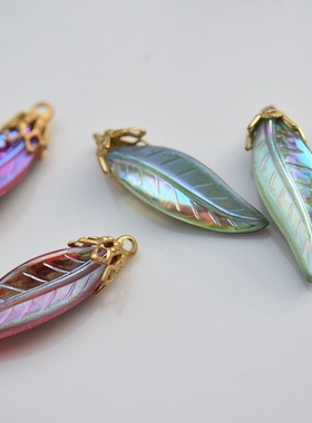 美国进口古董炫彩琉璃叶红色绿色树叶纯铜配饰手工饰品配件【花T