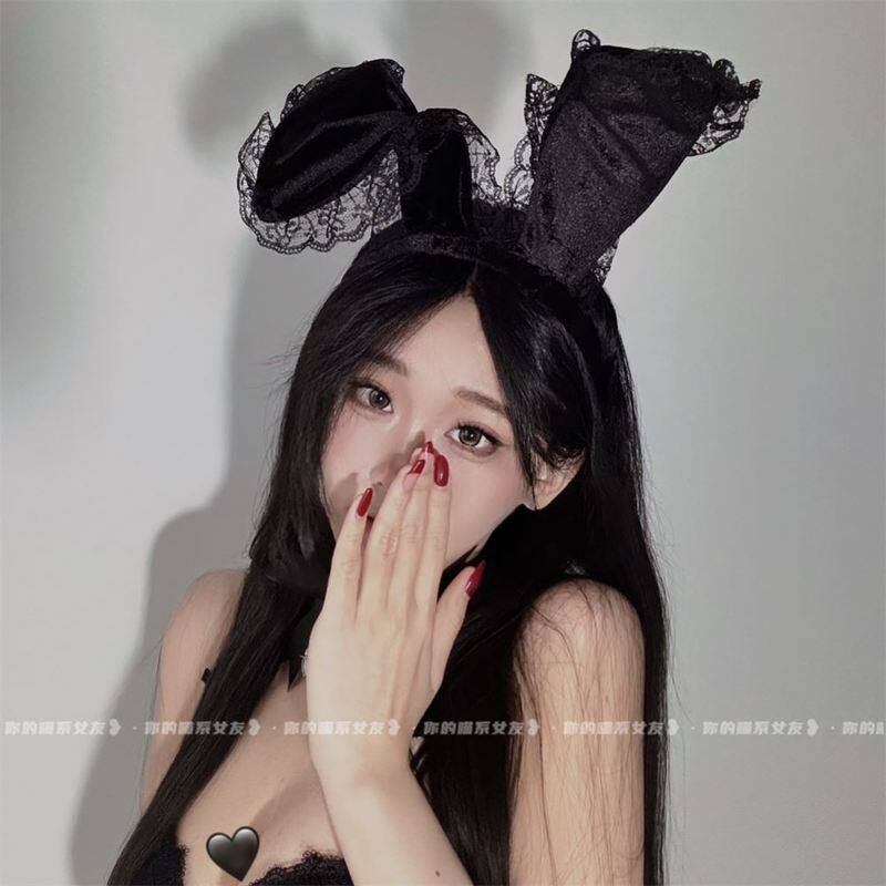 日本兔耳朵纯欲发箍禁欲系蕾丝边兔女郎头箍性感主播情侣配饰眼罩