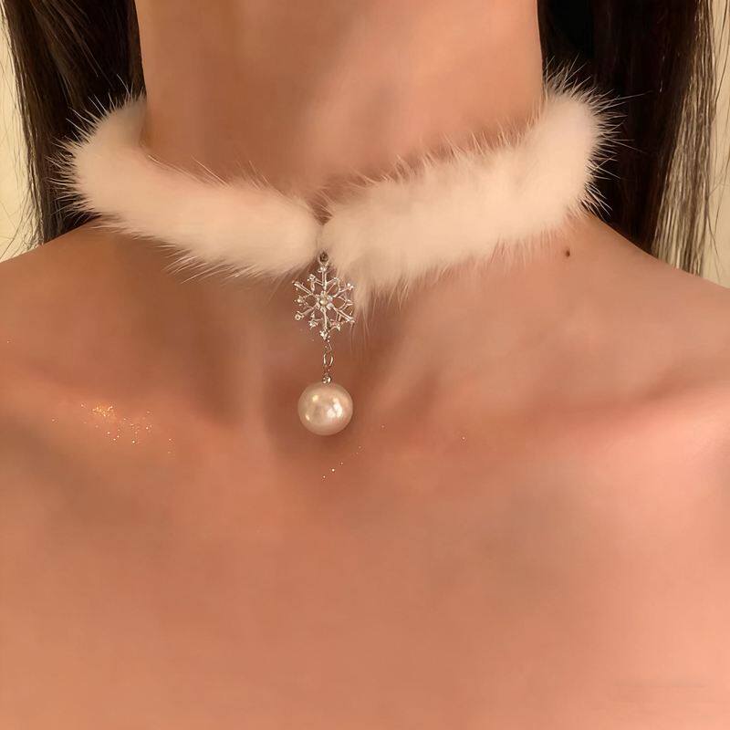 白色珍珠毛绒choker项圈锁骨链