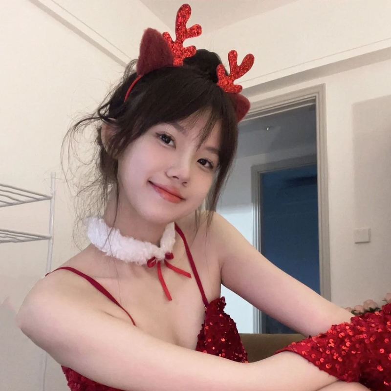 圣诞节红色小鹿角发箍女毛绒蝴蝶结项链头饰角色扮演可爱亮片头饰