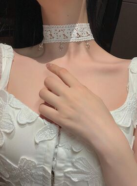 超仙白色蕾丝十字架锁骨颈链配饰高级感网红项链爆款蝴蝶结锁骨链