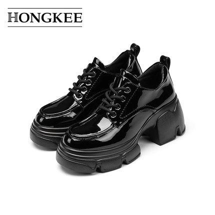 Hongkee/红科单鞋2024秋季新款女鞋子圆头厚底通勤小皮鞋HD94D313