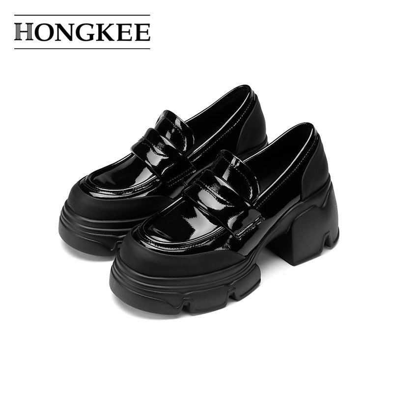 Hongkee/红科女鞋2024春英伦风圆头jk厚底乐福鞋粗跟单鞋HD94D100