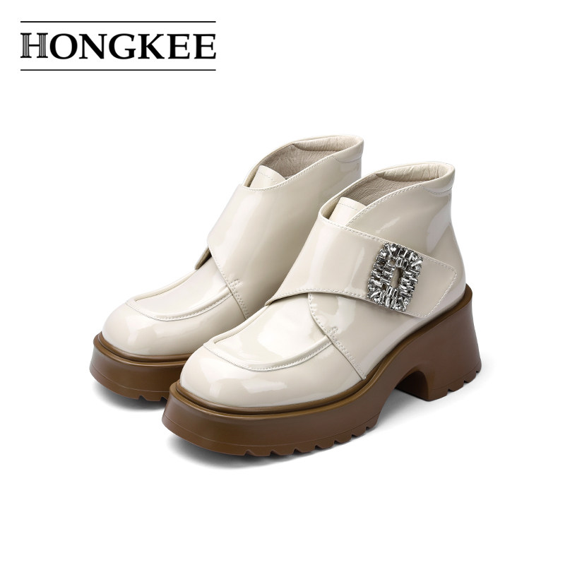 Hongkee/红科短靴女鞋优雅厚底粗跟女靴白色HA53S406
