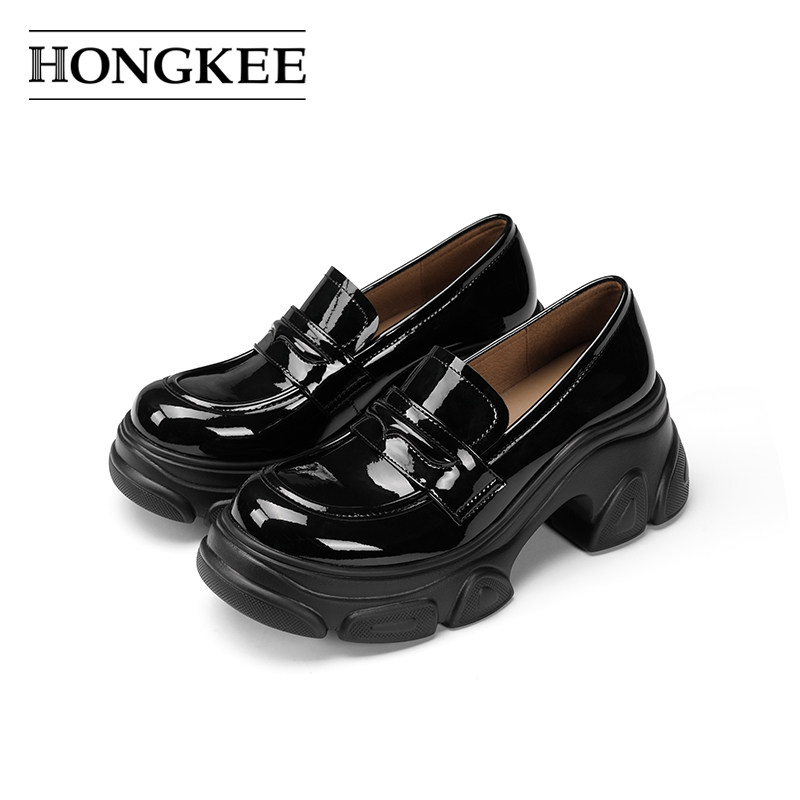 Hongkee/红科单鞋2024秋新款厚底乐福鞋英伦风舒适通勤鞋HA84S302