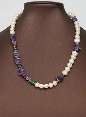天然紫龙晶孔雀石珍珠项链