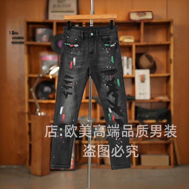春季原创高端美式泼墨彩绘破洞补丁男士黑色牛仔裤弹力休闲潮牌